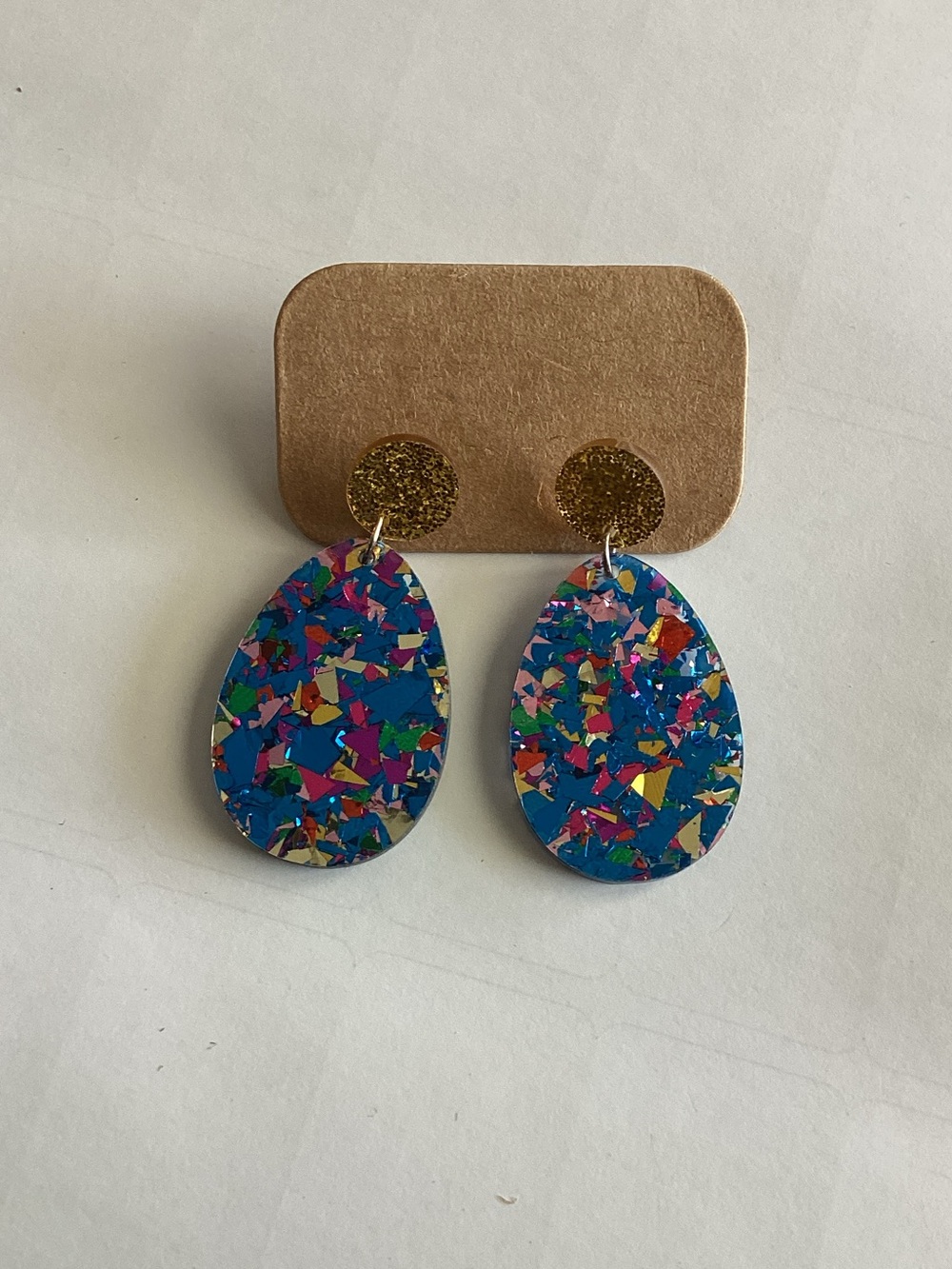 Teardrop‎ Multicolor Confetti Dangle Earrings with Gold Glitter Posts